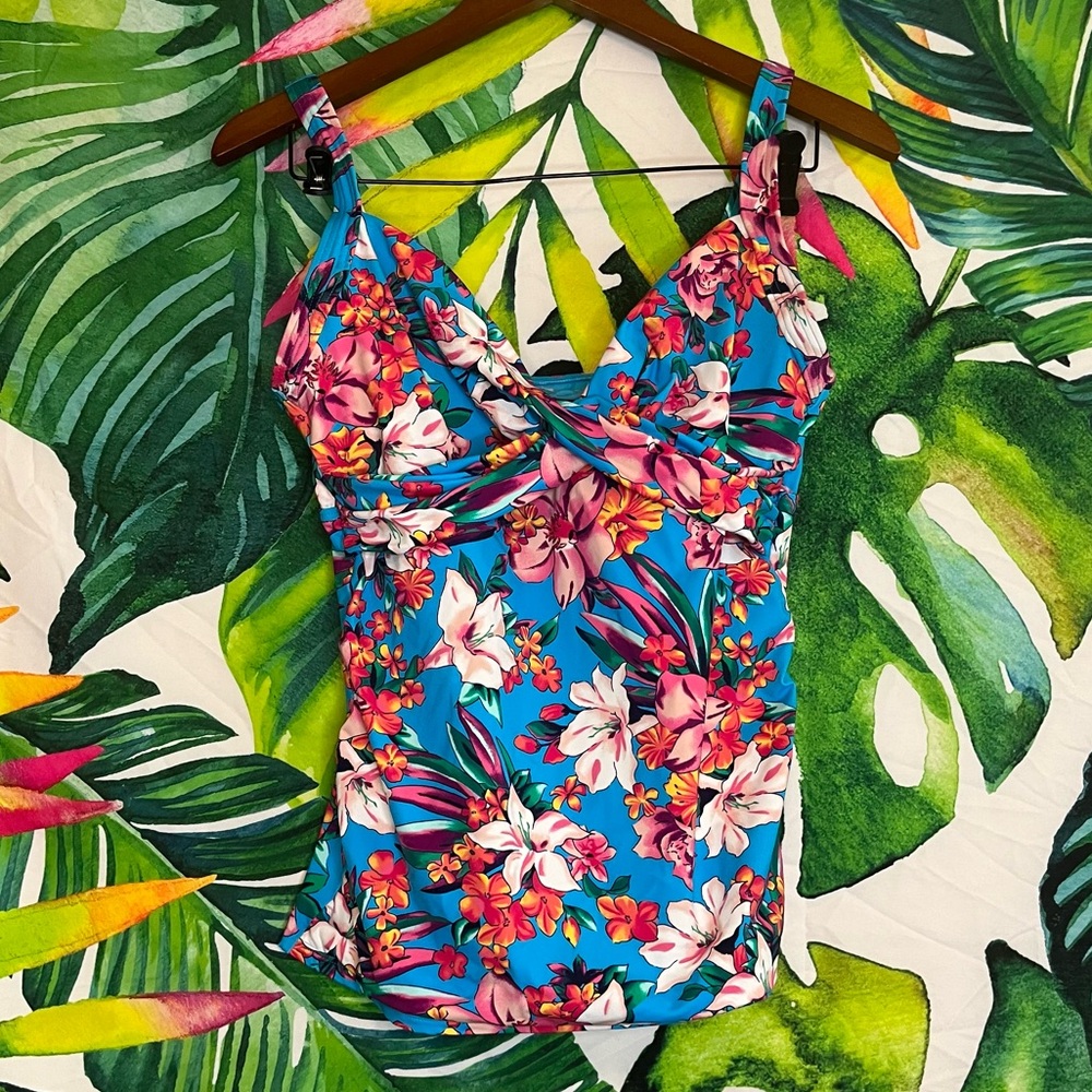 Lands End 8 Blue Tropical Floral Adjustable Strap Beach Cruise Pool Tankini Top